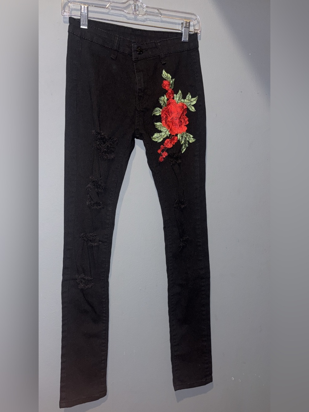 Black Women's Skinny Jeans with Red Rose Embroidery